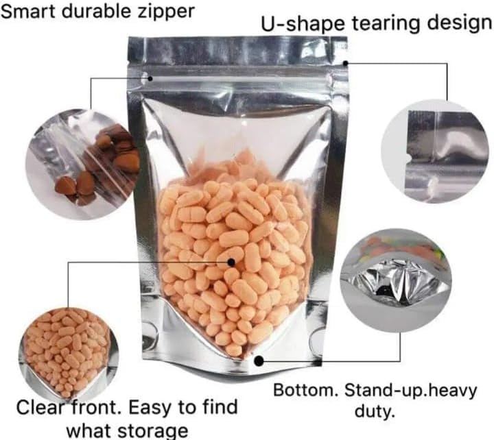 TRAGO Aluminium Foil Food Bags 100 Count Zip Lock Food Storage Stand Up Pouches with Clear Front - Image 4